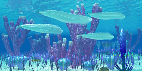 Fototapeta premium Cambrian Pikaia Fish - Pikaia fish swim together along with Trilobite invertebrates in blue ocean waters during the Cambrian Period.