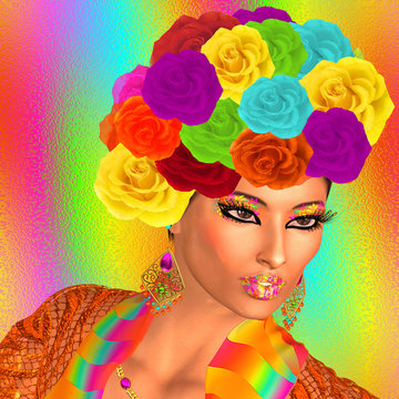 Wearing a head-dress decorated by a plethora of roses in exquisite colors of  aqua,yellow,orange,green,red and pink make an eye catching face.