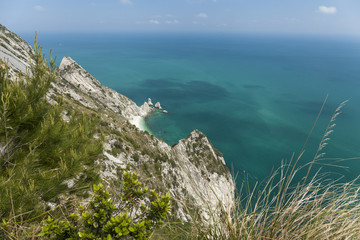 Aerial view of Two Sister (Due Sorelle)  bay , Conero Mountain in the adriatic sea, Italy .