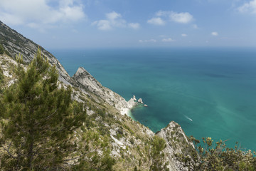 Aerial view of Two Sister (Due Sorelle)  bay , Conero Mountain in the adriatic sea, Italy .