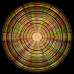 Abstract circular gold, red, green and pink disc with spectral rays on a black background