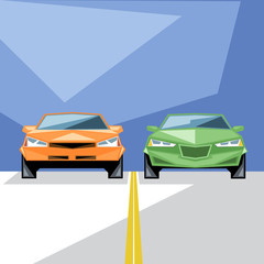 An orange and green cars at start for a racing and an yellow line, front view, over blue background, digital vector image