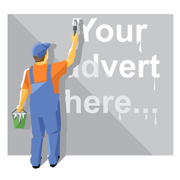 A painter in blue and orange suit with a hat painting with white paint on a wall, your advert here text, over a silver background, digital vector image