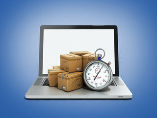 box and stopwatch standing on a laptop concept of delivery 3d re