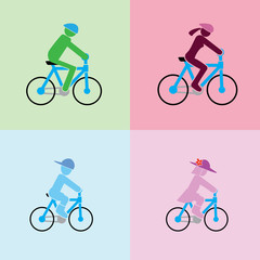 man, woman, boy and girl with cycling action in the simple vector format