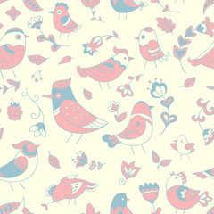 vector seamless pattern with birds and flowers