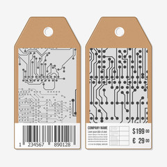 Vector tags design on both sides, cardboard sale labels with barcode. Microchip background, electronic circuit