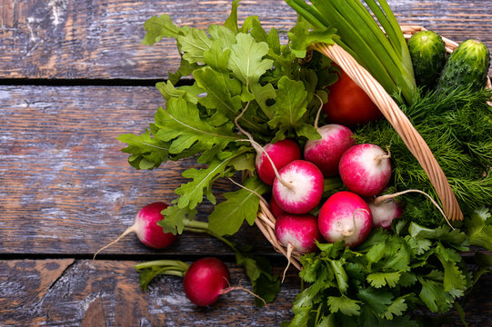 Spring vegetables and herbs in a basket: radishes, onions, parsley, cucumber on a wooden background.