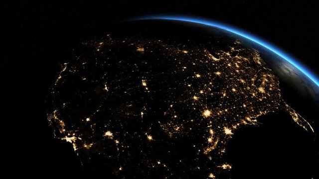 Sunrise over USA. The United States from space. Clip contains earth, usa, us, sunrise, space, night, light, city, map, United States. Images from NASA.	