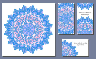 Mandala. Vector ornament  in trendy colors of 2016 year. And three cards with it for your design