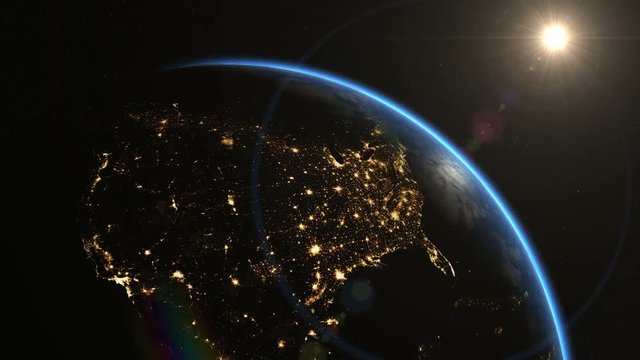 Sunrise over USA. The United States from space. Clip contains earth, usa, us, sunrise, space, night, light, city, map, United States. Images from NASA.	
