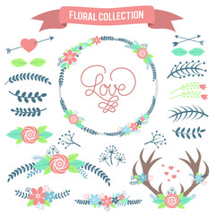 Floral Collection. Set of cute retro flowers and branches.