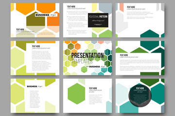 Set of 9 templates for presentation slides. Abstract colorful business background, modern stylish hexagonal vector texture