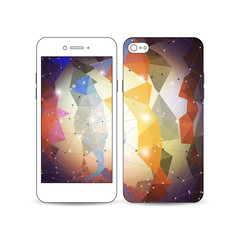 Mobile smartphone with an example of the screen and cover design isolated on white background. Molecular construction, scientific pattern, abstract colorful polygonal background, modern stylish