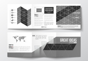 Vector set of tri-fold brochures, square design templates. Microchip background, electrical circuits, construction with connected lines, scientific pattern on gray background