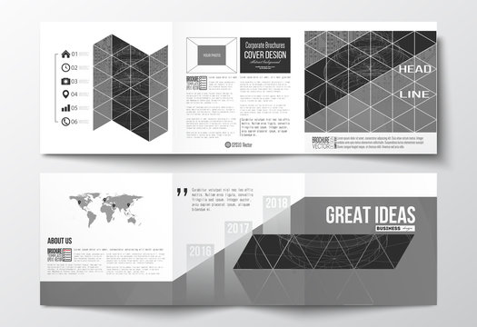 Vector set of tri-fold brochures, square design templates. Microchip background, electrical circuits, construction with connected lines, scientific pattern on gray background