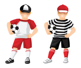 Obraz premium Vector illustration of kid in sport wear with ball isolated on white background. Little boy with soccer ball in black sport shorts, top, red cap, red socks and sneakers.