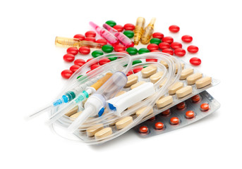 Medical capsules, pills, and syringes. Medical background