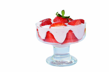Strawberry foam in glass bowl isolated on white background