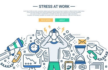 Stress at work - line flat design website banner 
