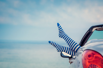 Happy woman travel by car