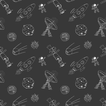 Space doodles icons seamless pattern. Hand drawn sketch with meteors, Sun and Moon, radar, astronaut and rocket. vector illustration on chalkboard
