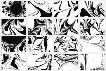 Fototapeta premium Set of abstract backgrounds. Ink marbling textures. Black and white. Hand drawn marble illustrations, ebru aqua paper and silk prints. Traditional Turkish ebru technique. Painting on water.