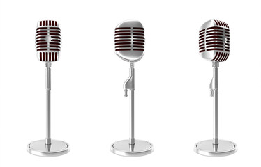Set silver retro microphone isolated on white backgorund. 3d illustration