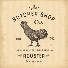 Fototapeta na wymiar Butcher Shop vintage emblem rooster meat products, butchery Logo template retro style. Vintage Design for Logotype, Label, Badge and brand design. vector illustration