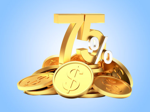 75 percent discount on a pile of golden coins on blue background.
