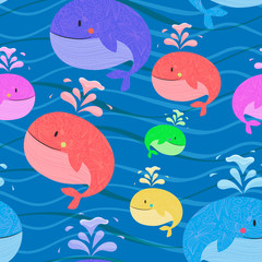 Cute background with cartoon colorized whales.