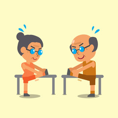 Cartoon senior man and senior woman doing hamstring stretch exercise