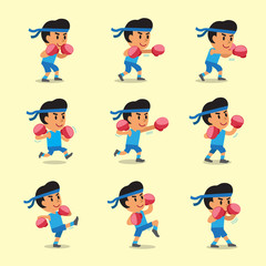 Cartoon set of man doing kickboxing workout