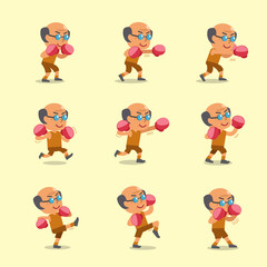 Cartoon set of senior man doing kickboxing workout