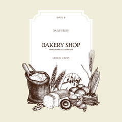 Vector design for bakery or baking shop with hand drawn bread and cereal crops illustration. Vintage bakery sketch template. Farm fresh and locally grown organic products.
