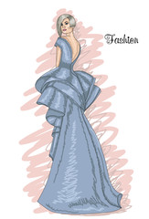 Woman in a long blue dress. Pantone serenity.