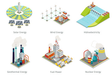 Power plant icons. Electricity generation plants and sources