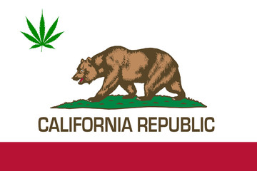 State flag of California with green cannabis leaf