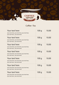 menu price list for coffee beans and coffee drops