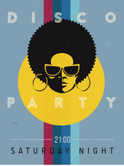 Disco party event flyer. Creative vintage poster. Vector retro style template. Black woman in sunglasses.