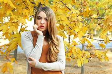 Beautiful young girl in autumn park, outdoors