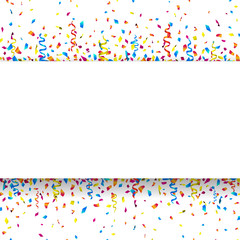 White banner with colorful confetti and party ribbons. Vector illustration.
