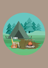 Summer Hiking. Tent, Backpack and Campfire. Vector Illustration