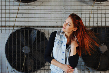 Outdoor fashion lifestyle portrait of pretty young girl, wearing in hipster swag grunge style urban...