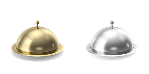 Silver and gold closeed cloche on white background. 3d illustration