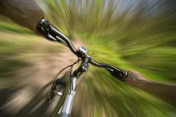 Naklejka premium Male cyclist traveling through the woods in early spring. 