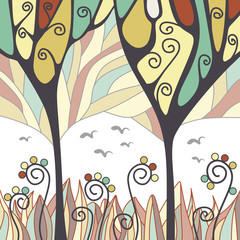 Mysterious forest with stylized trees, grass, flowers and birds.