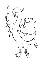 Goose with tulip and jug. Black and white vector illustration. Coloring book