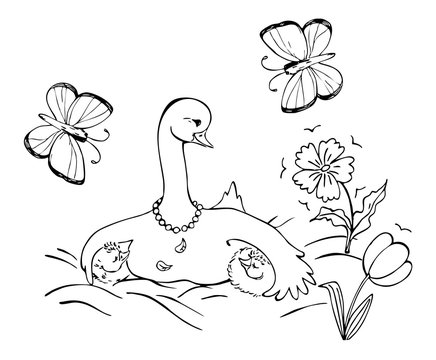Goose family with mother goose and her two little children. Black and white vector illustration. Coloring book.