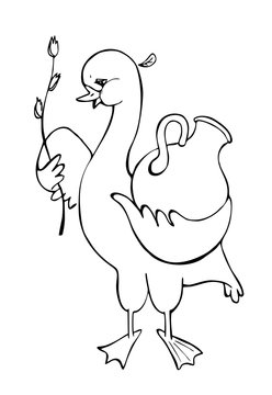 Goose with tulip and jug. Black and white vector illustration. Coloring book